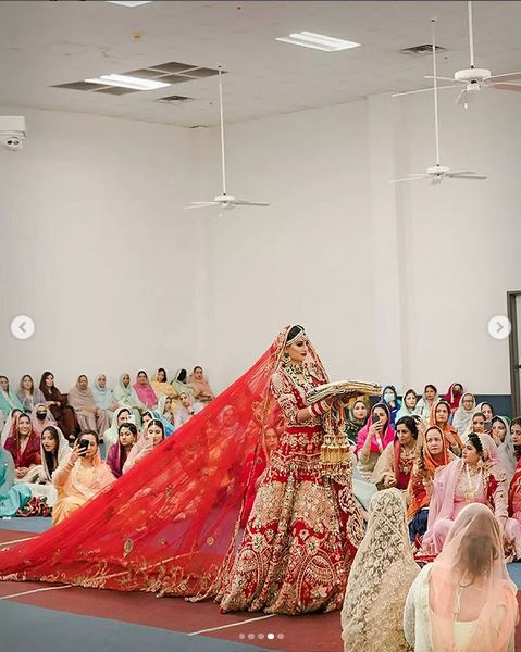 Red train lehenga with embroidered dupatta and light veil – Ricco India