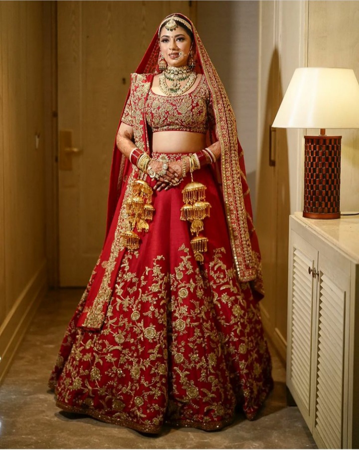 Red Color Velvet Fabric Zari And Resham Work Bridal Lehenga