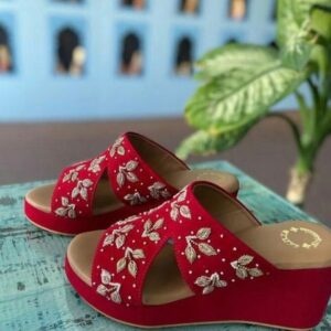 Hot red bridal mid heels wedges with beautiful embroidery