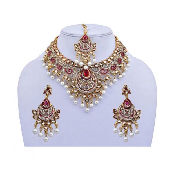 Magenta Designer Pearl And Stone Wedding And Engagement Necklace set With Mang Tika