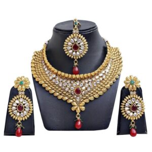 Maroon Green copper Gold Plated Necklace set With Mang Tikka