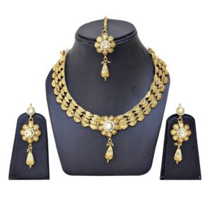 White Copper Gold Plated Necklace set With Mang Tikka