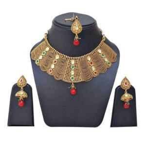 Maroon and green one gram gold plated necklace with mangtika set