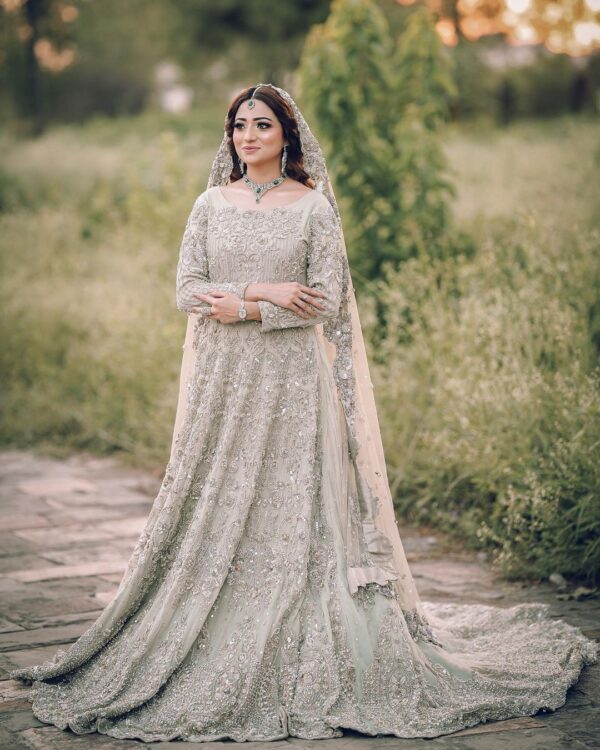 wedding light pale green long trail gown