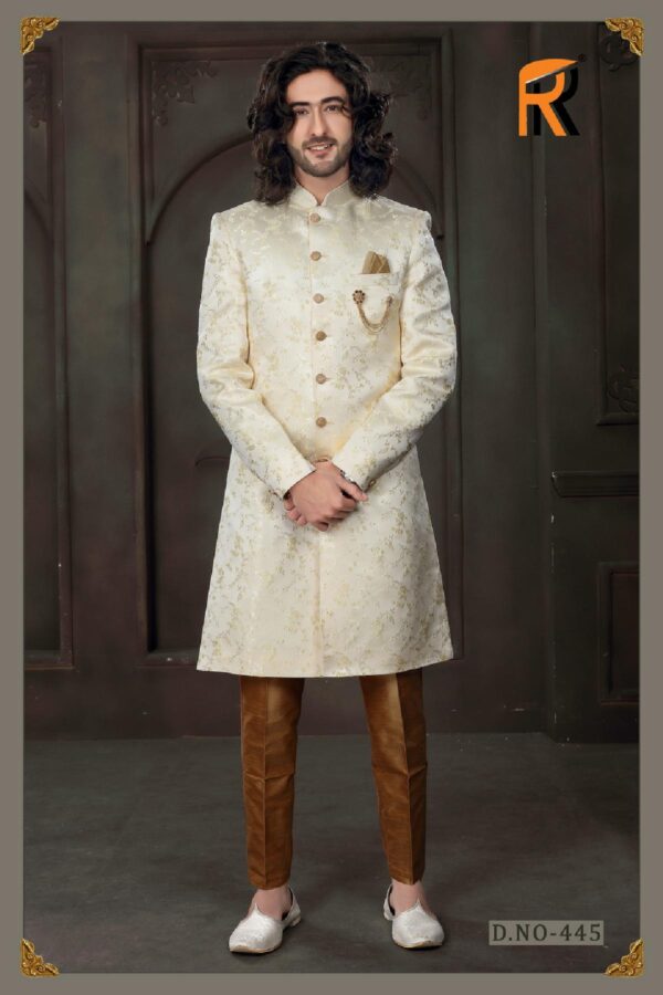 white and golden sherwani with floral prints