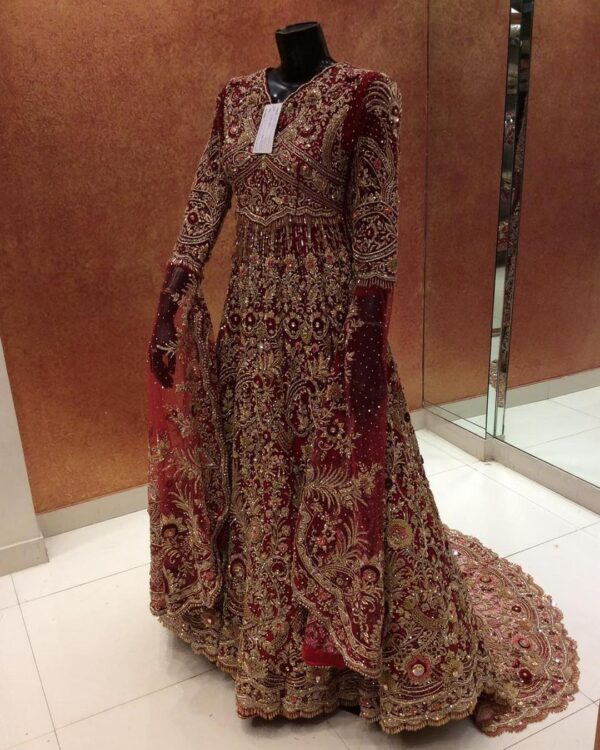 red and golden bridal gown with golden embroidery