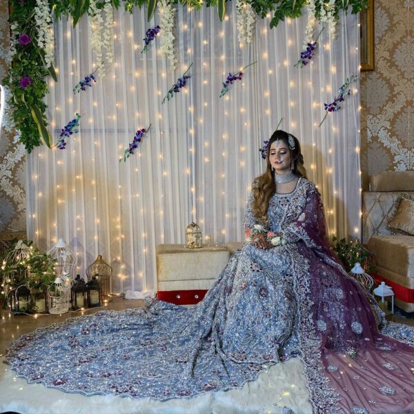 light blue purple long trail bridal gown with golden embroidery