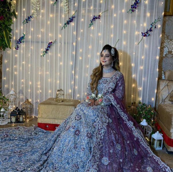 blue and purple long wedding gown with golden embroidery