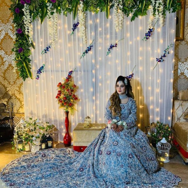 blue bridal long gown with golden embroidery
