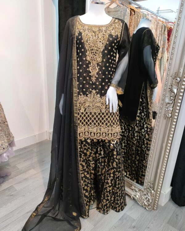 dark grey party wear sharara with golden embroidery
