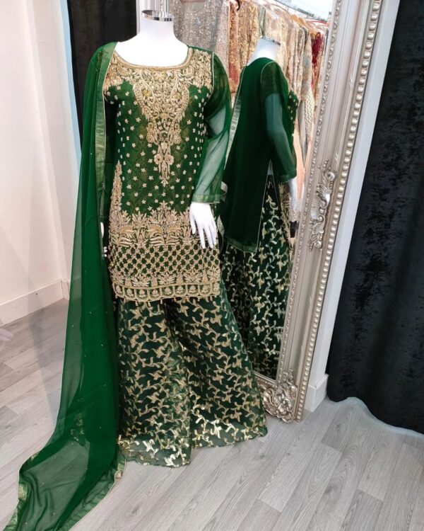 party wear green sharara with golden embroidery