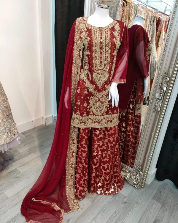 MAROON BRIDAL GARARA WITH GOLDEN EMBROIDERY