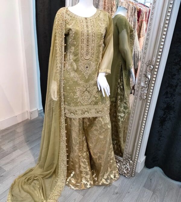 golden party wear sharara with silver embroidery