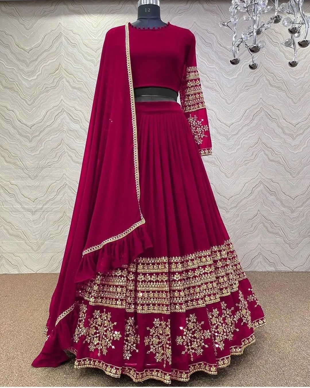Full Sleeve Georgette Crop Top With Lehenga, Embroidered