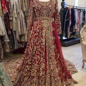 Red and golden brdial anarkali lehenga with golden embroidery