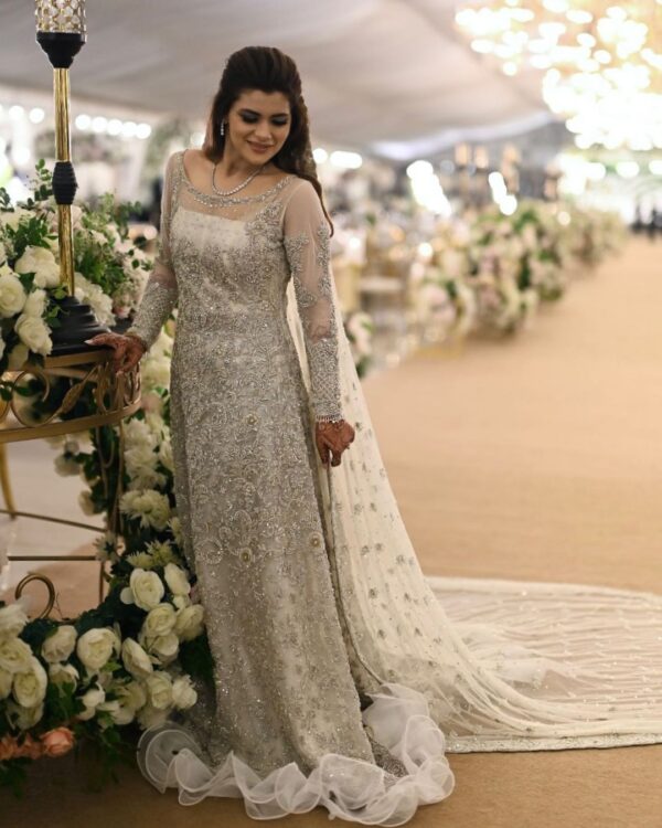 indo western bridal gown with long trail and embellishment