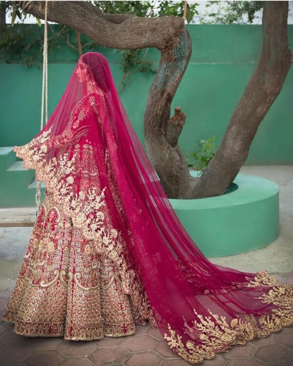 Rani color bridal gown with golden embroidery