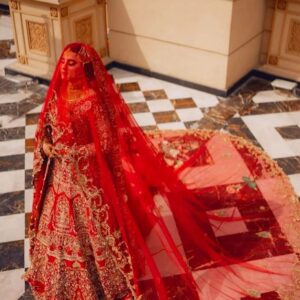 Wedding red bridal gown with golden embroidery