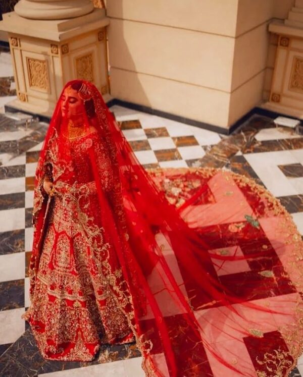 Wedding red bridal gown with golden embroidery