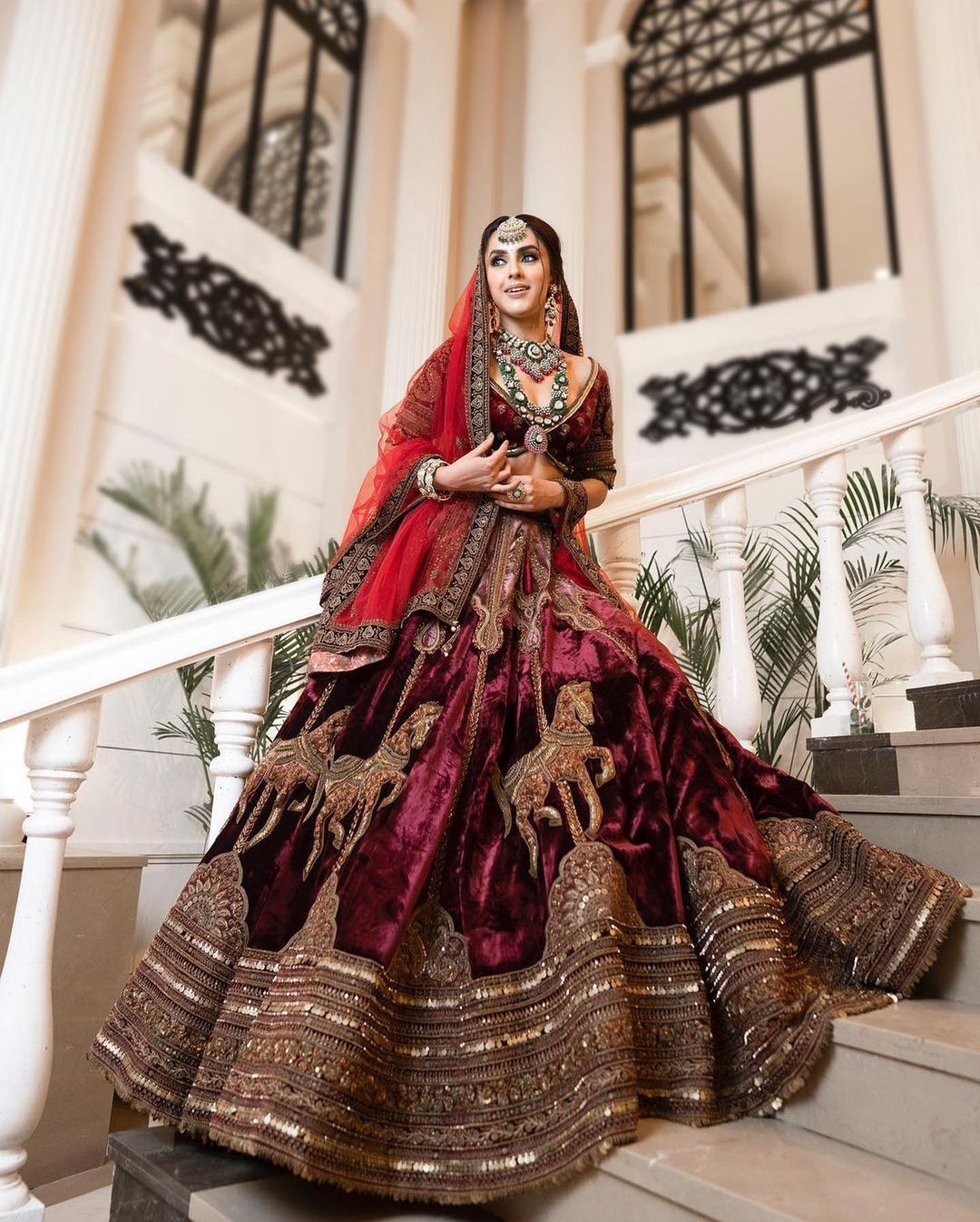 Dark Maroon & Golden Velvet Handwork Wedding-Wear Bridal Lehenga Choli With  Double Dupatta