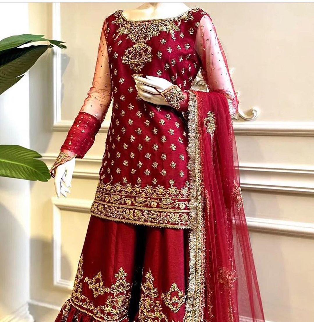 RED BRIDAL SHARARA WITH GOLDEN EMBROIDERY