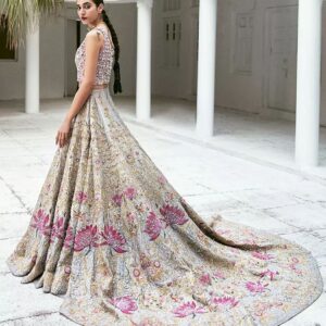 wine color bridal lehenga with long trail