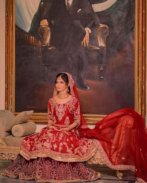 red and golden bridal anarkali lehenga