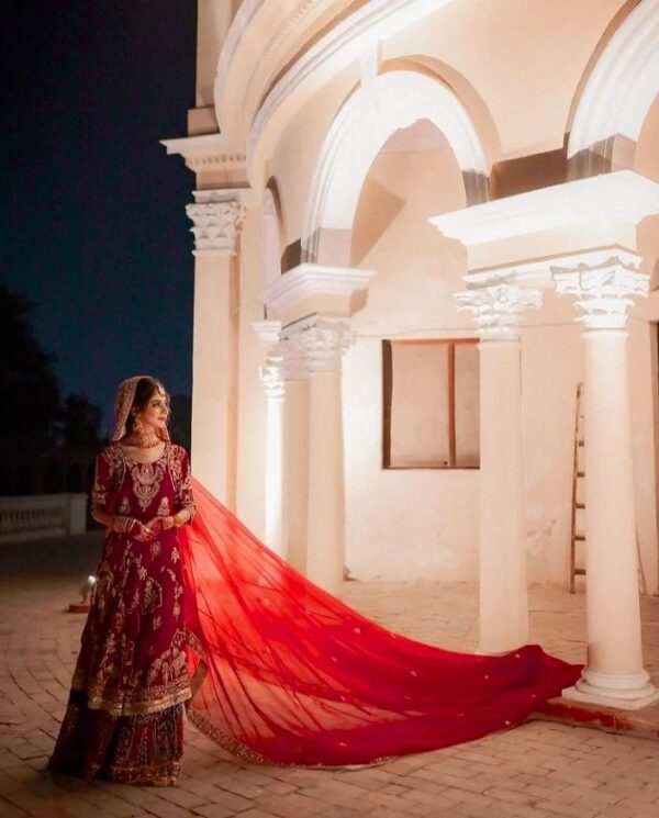 Red anarkali bridal lehenga with golden embroidery