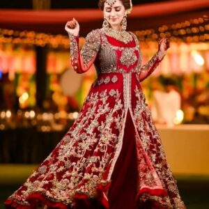 Red bridal anarkali with golden embroidery