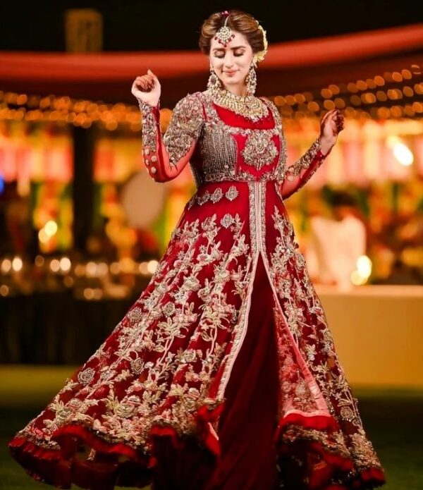 Red bridal anarkali with golden embroidery