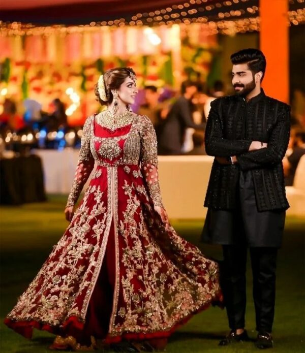 wedding red anarkali with golden embroidery