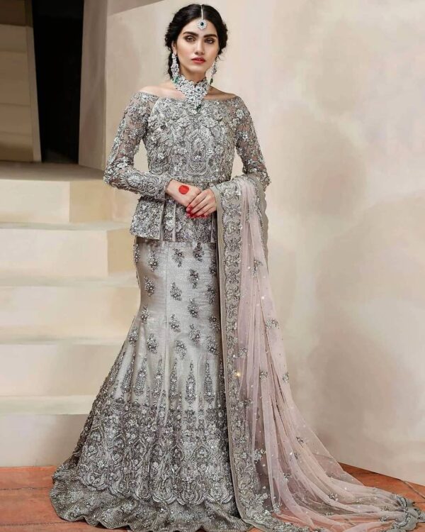 silver embroidery bridal lehenga with short peplum blouse