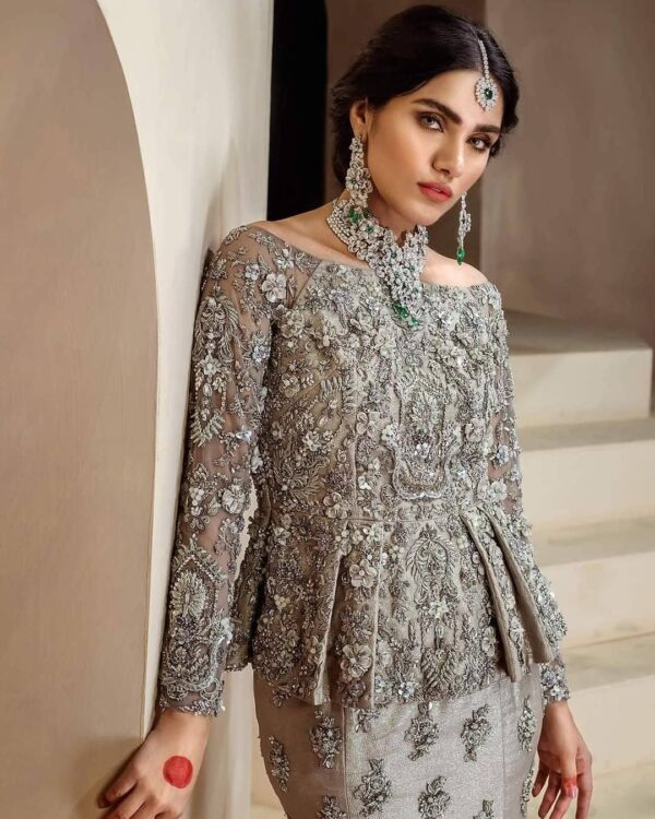 Grey color lehenga with short peplum blouse