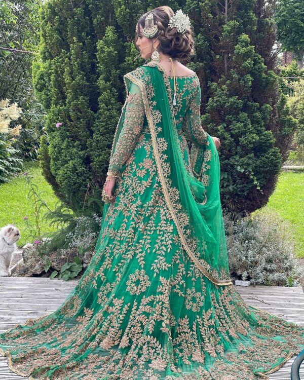 green and golden bridal long trail gown