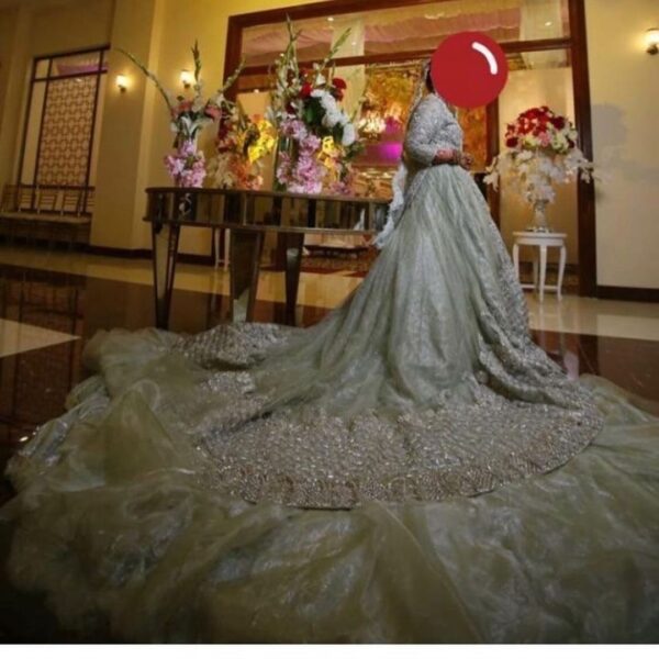 WEDDING LONG TRAIL BRIDAL GOWN WITH SILVER EMBROIDERY