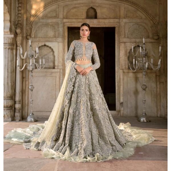 wedding long trail gown with silver embroidery