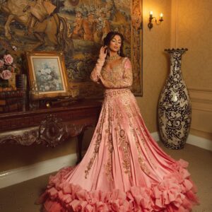 Light peach long gown with golden embroidery