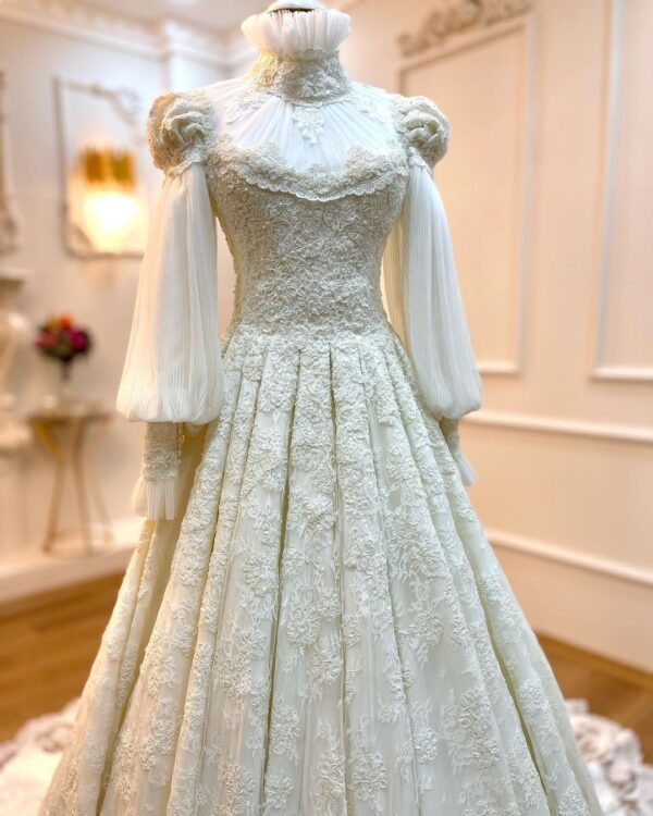 wedding long trail gown with hand work