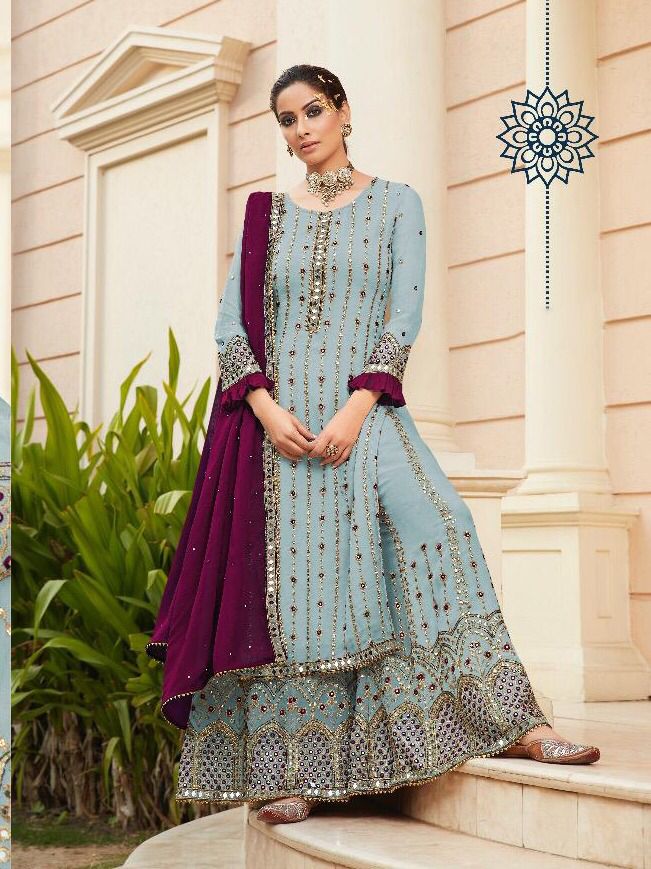 Georgette Fabric Party Wear Red Color Embroidered Sharara Suit