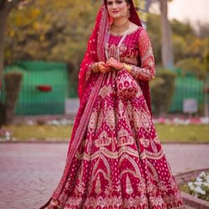 Rani pink wedding gown with golden embroidery