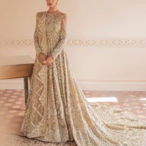 wedding long trail bridal gown with golden embroidery