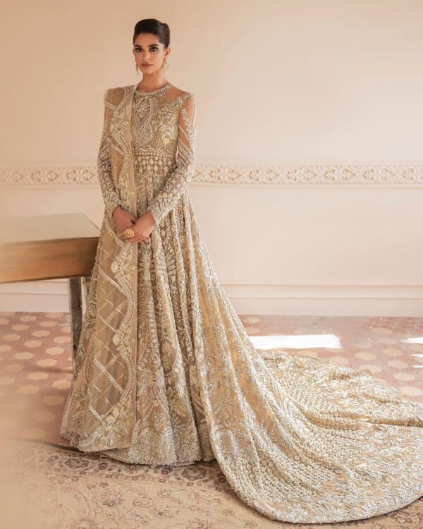 wedding long trail bridal gown with golden embroidery