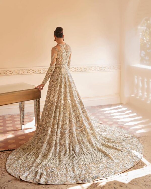wedding long trail bridal gown with golden embroidery
