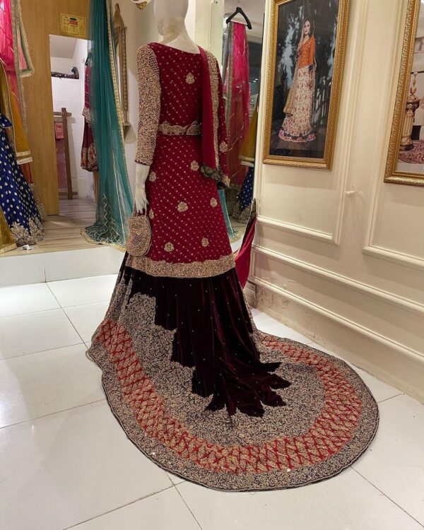 Maroon peplum bridal long trail lehenga