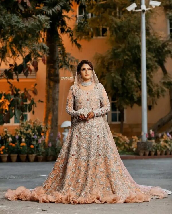 WEDDING LONG TRAIL GOWN WITH SILVER EMBROIDERY