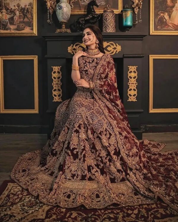 Maroon bridal lehenga with golden embroidery
