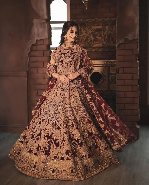 marron bridal lehenga with godlen embroidery