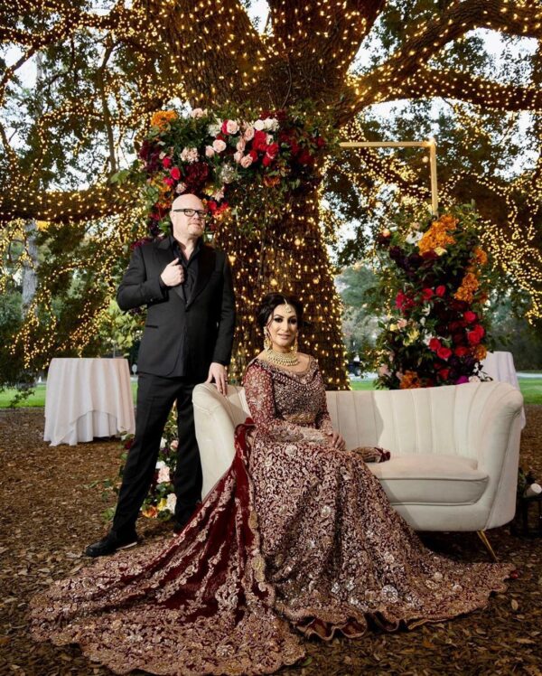 maroon velvet bridal gown with long trail