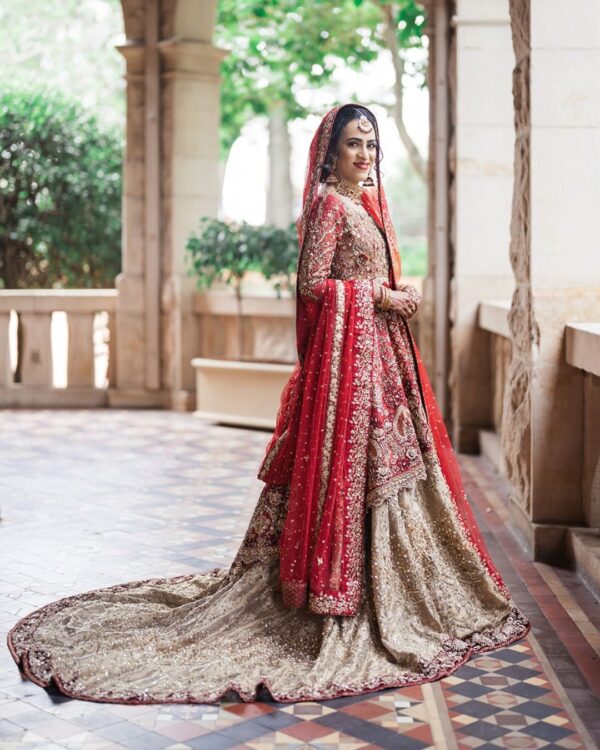 wedding golden lehenga with red peplum top with embroidery