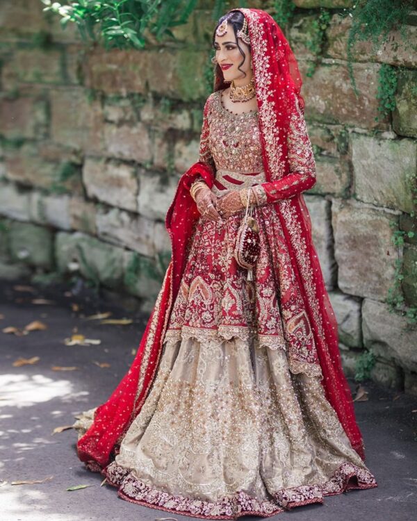 wedding golden lehenga with red peplum long top